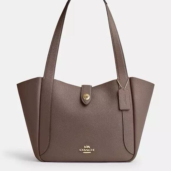 NWT COACH Hadley Turnlock Tote Bag Leather CAL17 Gold/Dark Stone - Picture 5 of 8